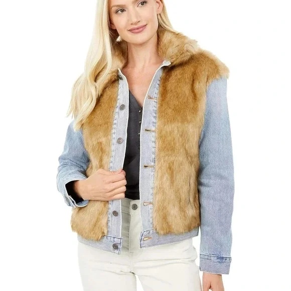 Levi's Furry Fury Faux Fur Oversized Denim Ex Boyfriend Trucker Jacket - Picture 3 of 8
